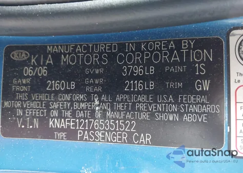 2006 Kia Spectra Ex/Lx/Sx z USA, uszkodzony, nr VIN KNAFE121765351522